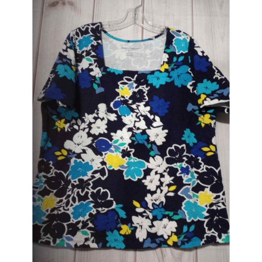 Jessica London Womens 18/20 Floral Square Neck Short‎ Sleeve Top Blue